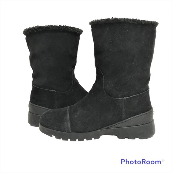SAM EDELMAN Boots Women 8M/38 Fleece Lined Black Leather Mid Calf Pull On Wedge - Picture 5 of 11